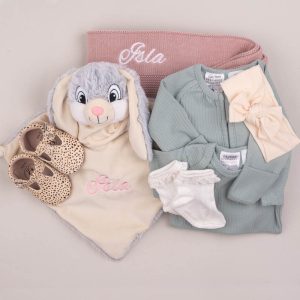 Blush Pink Knitted Blanket, Bunny, Onesie, T Bar Shoes and Romper.