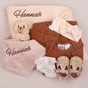 Cream Diamond Blanket, Bear, Shoes and Socks Baby Gift embroidered with Hadley.