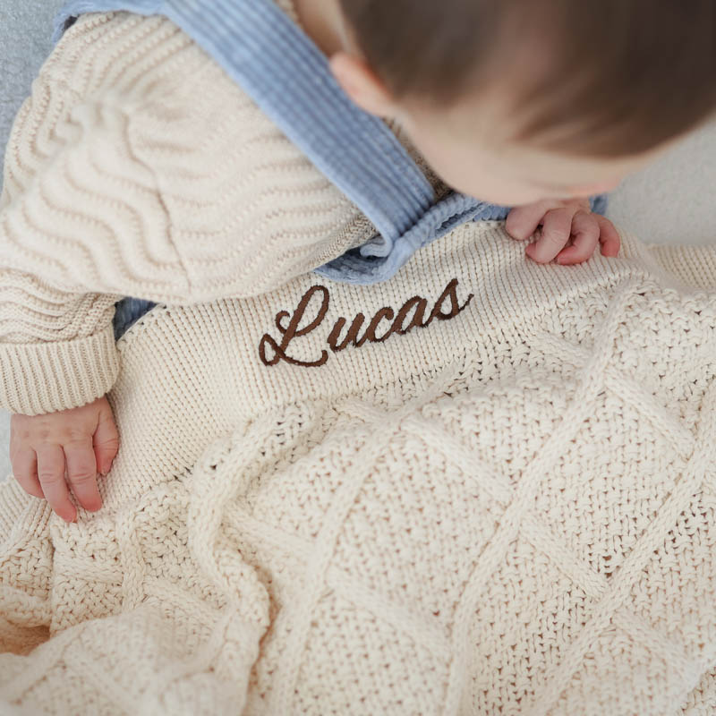 Cream diamond personalised baby blanket with boys name Lucas.