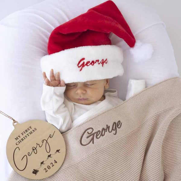 A Personalised Baby Christmas Hat, birth disc and Beige Knitted Blanket Gift