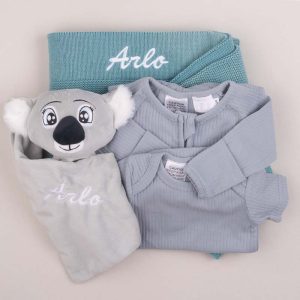 Ocean Blue Blanket, Koala and Romper Baby Gift embroidered with Arlo.