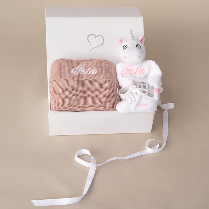 Personalised Blush Pink Blanket, Shoes and Unicorn Baby Gift.