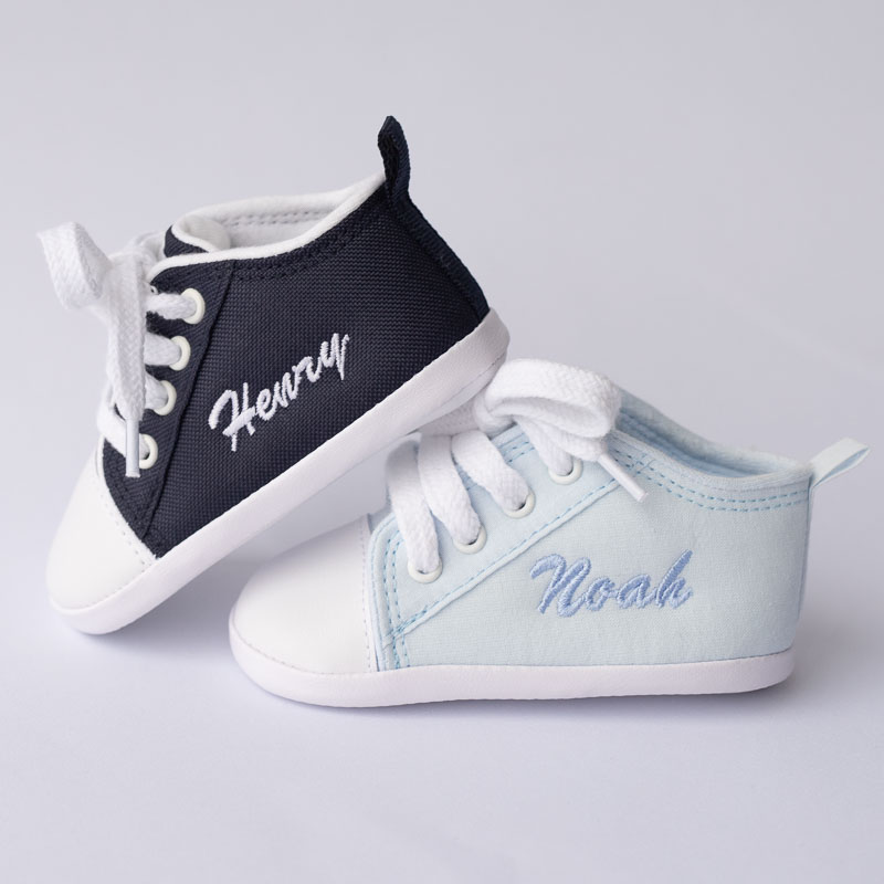 Personalised baby shoes in blue and navy embroidered with boys names prewalker.