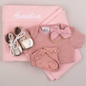 Pink Knitted Blanket, Romper, Shoes and Socks Baby Gift for girls embroidered with Amelia.