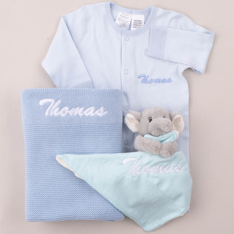 Baby Boy Personalised Gift 3-Piece Organic Onesie, elephant and blanket.