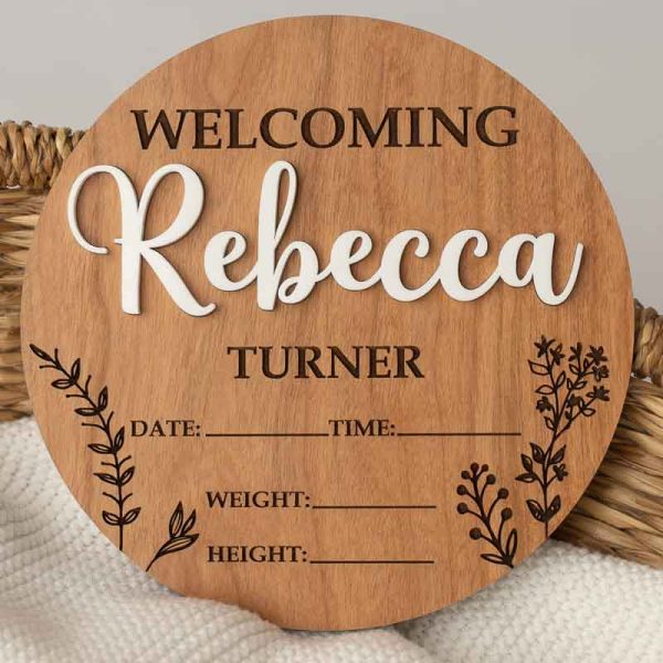 Our Creative 3D Birth Announcement Disc - Dark engraved with the name Rebecca with inset acrylic.