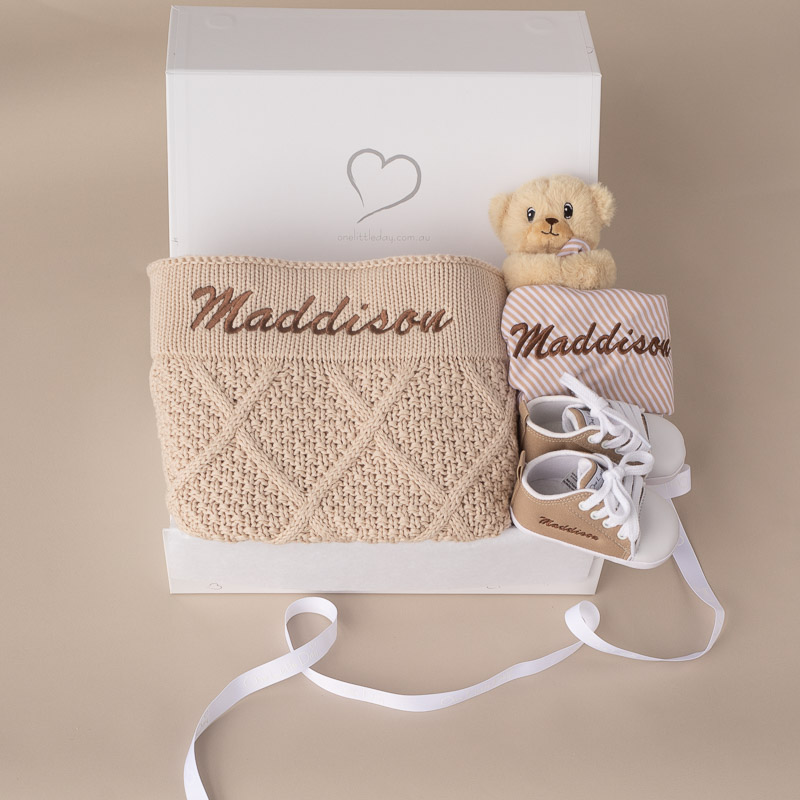 Personalised beige diamond knitted blanket, bear comforter and shoes baby gift.