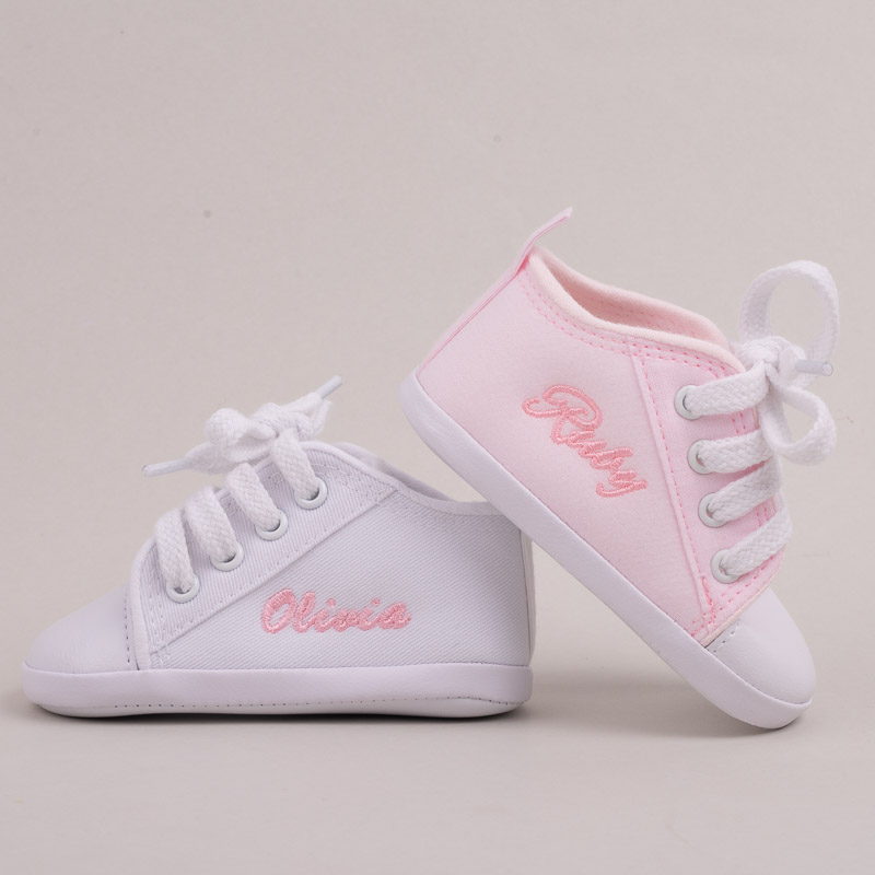 Personalised pink and white baby shoes gift ideas for girls.