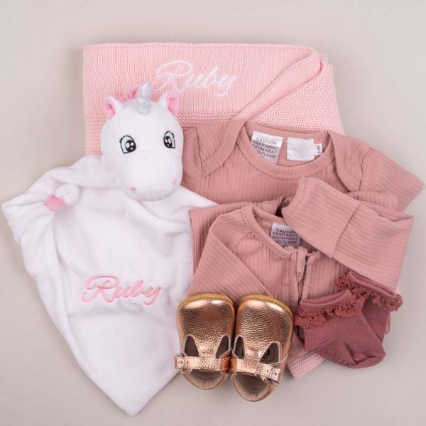 Pink Knitted Blanket, Unicorn, Romper, Shoes and Socks Baby Gift.