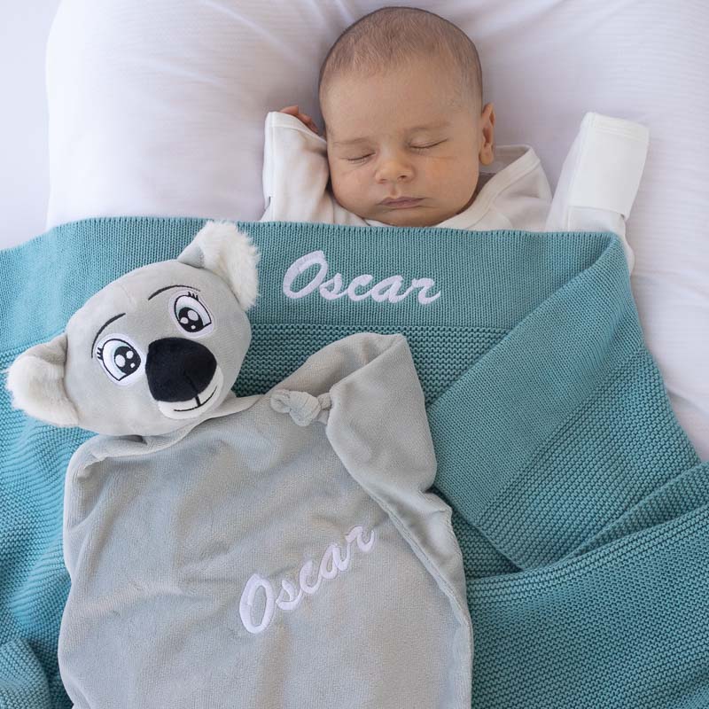 Personalised Ocean Blue Blanket and Koala Baby Gift with boys name Oscar.