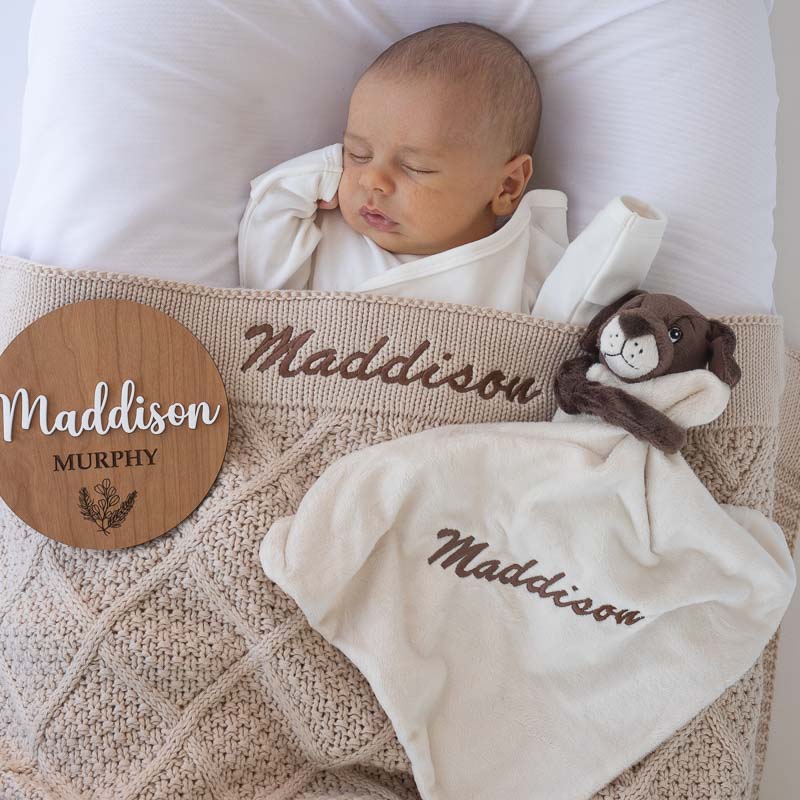 Personalised Beige Diamond Blanket, Puppy and Baby Name Disc customised with the name Maddison.