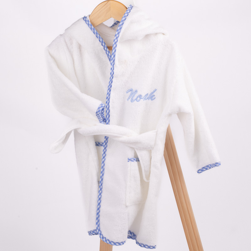 Personalised Blue gingham hooded baby robe 1 year old boy gift.