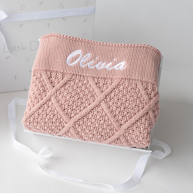 Personalised Blush Pink Baby Blanket Diamond Knitted embroidered with the name Olivia.