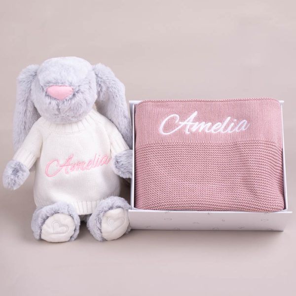 Personalised Bunny and Blanket Baby Gift Set embroidered with the name Amelia.