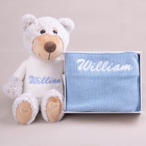 Personalised Teddy Bear and Blanket Baby Gift Set embroidered with the name William.