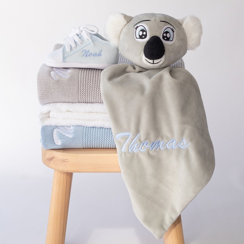 Personalised koala baby comforter with boy gift ideas.