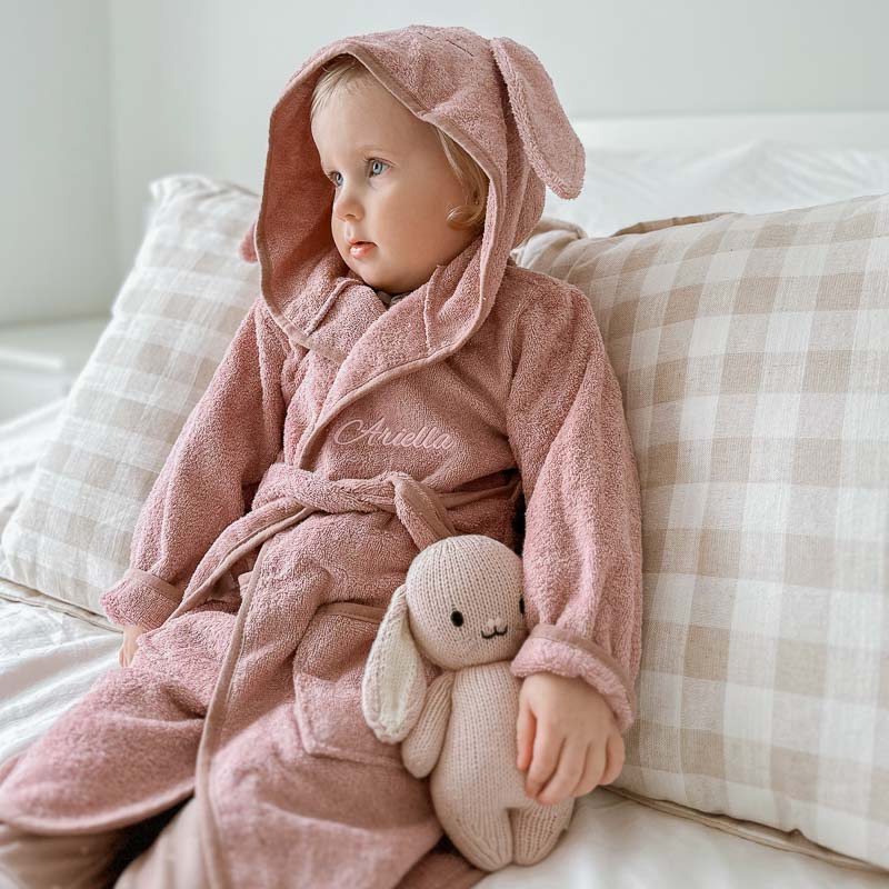 Toddler girl gift personalised pink hooded bunny robe.