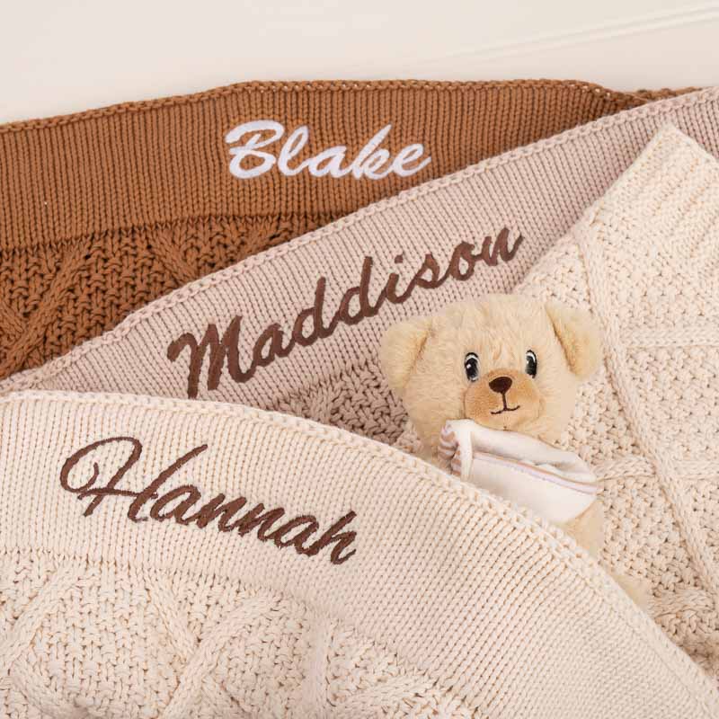 3 blankets and bear personalised baby gift.